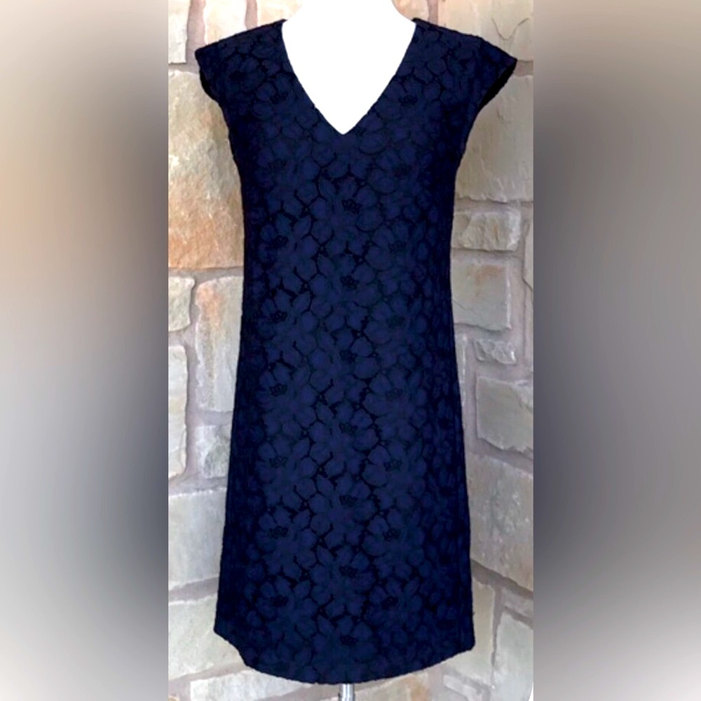 J Crew Collection - Navy Blue Jacquard Lace Floral Cap Sleeve V-Neck Shift Dress